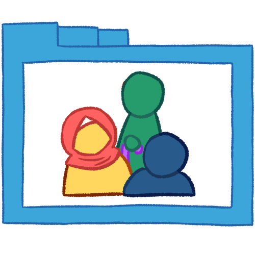 A hollow blue folder with thin lines, containing three busts of people at various heights. One is green, one is blue, and one is yellow. The green person is holding a purple cane and the yellow person is wearing a pink hijab. 